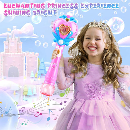 Princess Bubble Wand, Light Up Fairy Wand Bubble Blower with Music and Bubble Solution, Birthday Gift for Girls and Party Toy for Ages 3 and Up