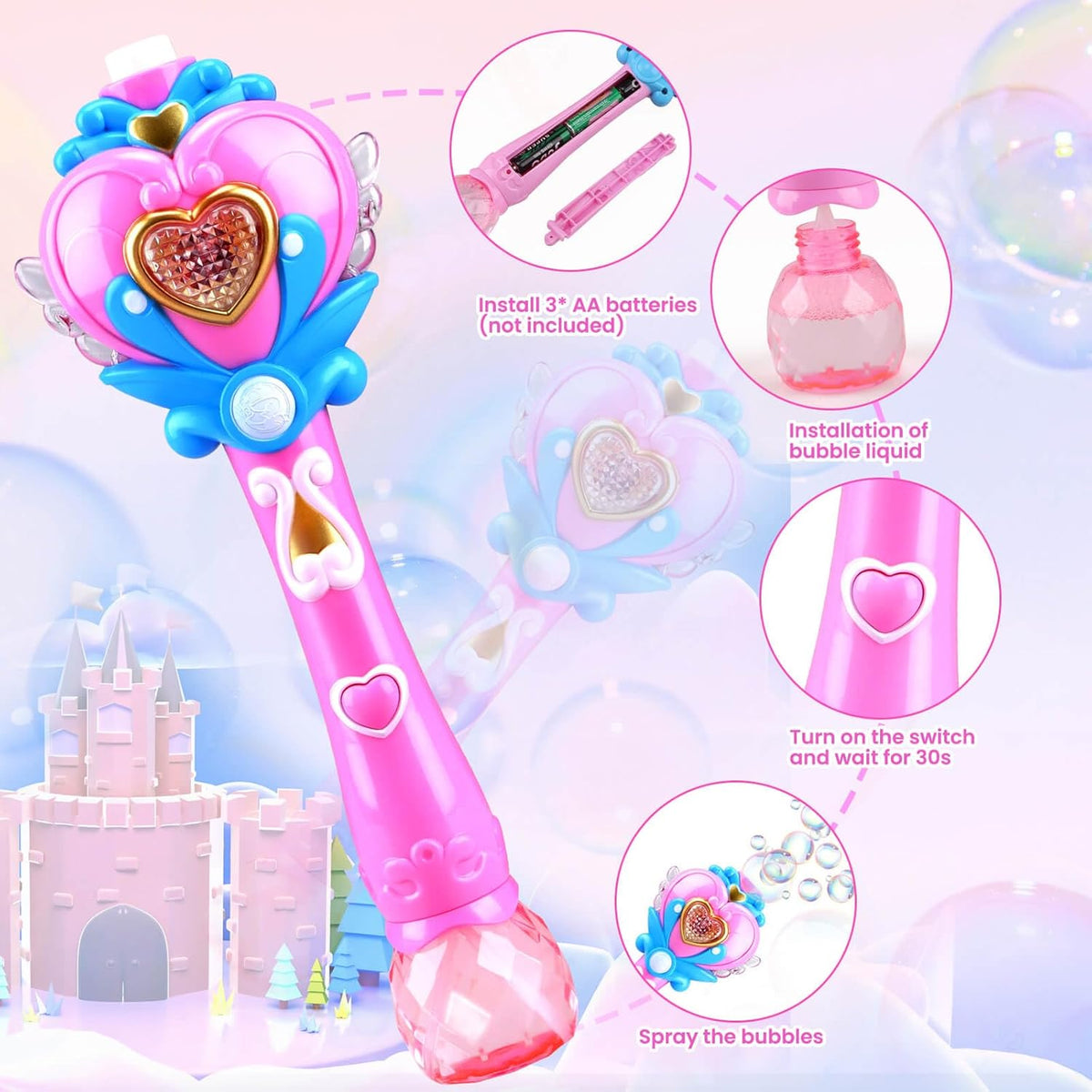 Princess Bubble Wand, Light Up Fairy Wand Bubble Blower with Music and Bubble Solution, Birthday Gift for Girls and Party Toy for Ages 3 and Up