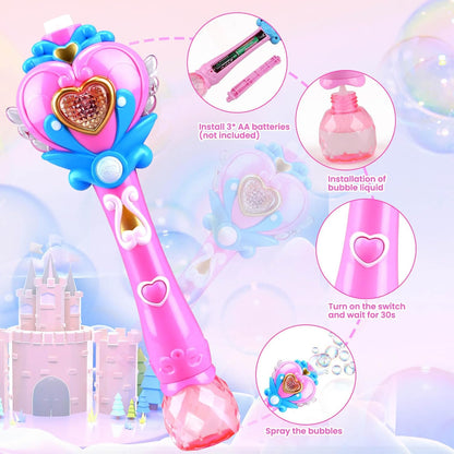 Princess Bubble Wand, Light Up Fairy Wand Bubble Blower with Music and Bubble Solution, Birthday Gift for Girls and Party Toy for Ages 3 and Up