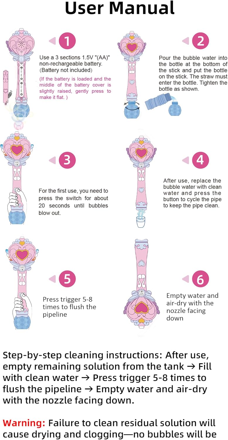 Princess Bubble Wand, Light Up Fairy Wand Bubble Blower with Music and Bubble Solution, Birthday Gift for Girls and Party Toy for Ages 3 and Up