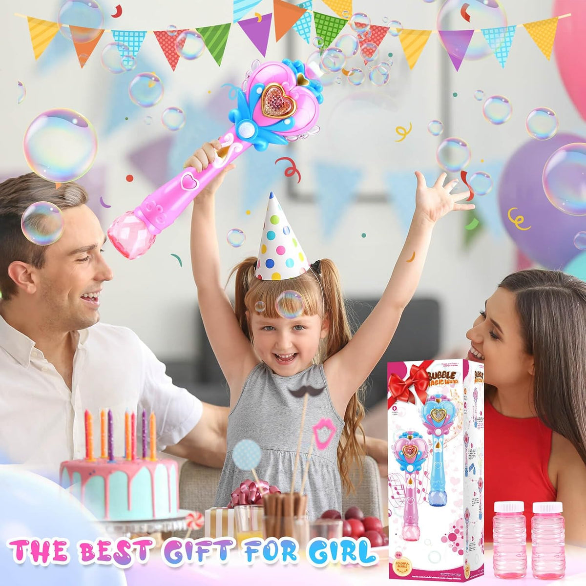 Princess Bubble Wand, Light Up Fairy Wand Bubble Blower with Music and Bubble Solution, Birthday Gift for Girls and Party Toy for Ages 3 and Up