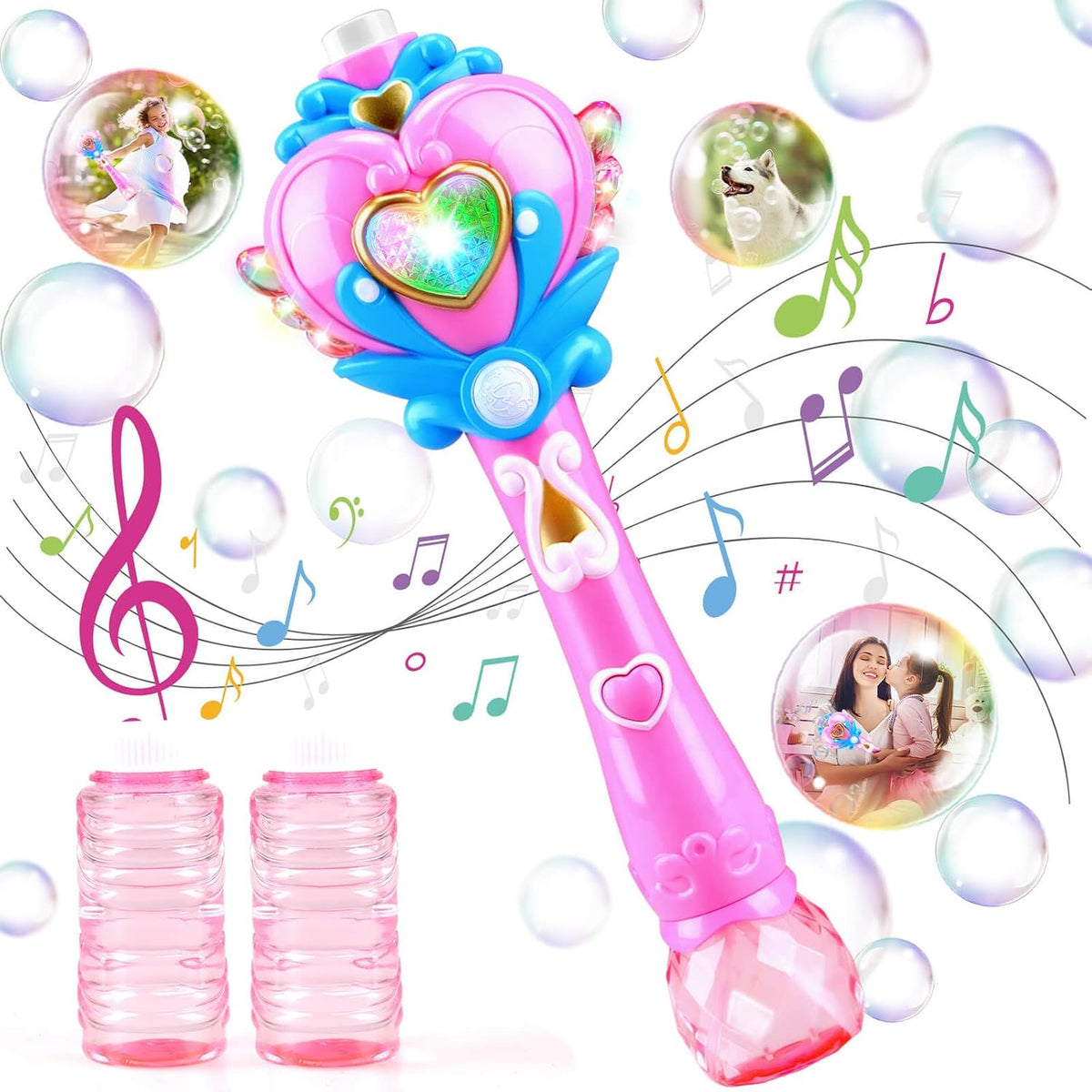 Princess Bubble Wand, Light Up Fairy Wand Bubble Blower with Music and Bubble Solution, Birthday Gift for Girls and Party Toy for Ages 3 and Up