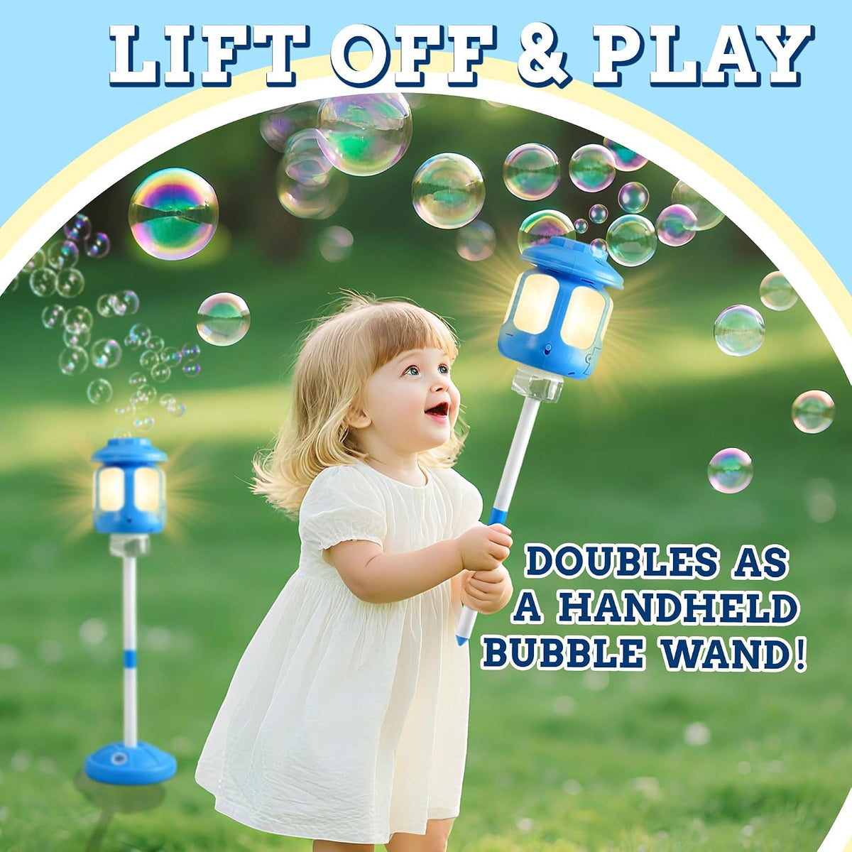 Bubble Machine for Kids, 43.5 Inch Standing Bubble Blower with Lights and Music, Automatic Bubble Maker for Birthday Parties, Weddings, Summer Outdoor Toy