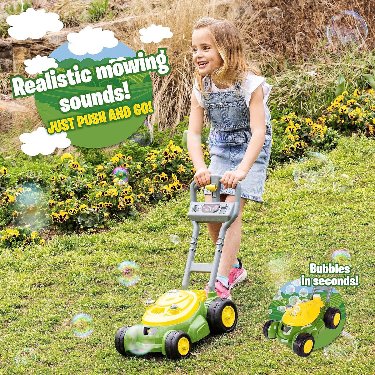 Bubble Lawn Mower for Toddlers, Push Bubble Blowing Machine with Mower Sounds, No Batteries Required, Indoor and Outdoor Gardening Toy, Birthday Gift and Party Favor for Preschool Boys and Girls, 3+