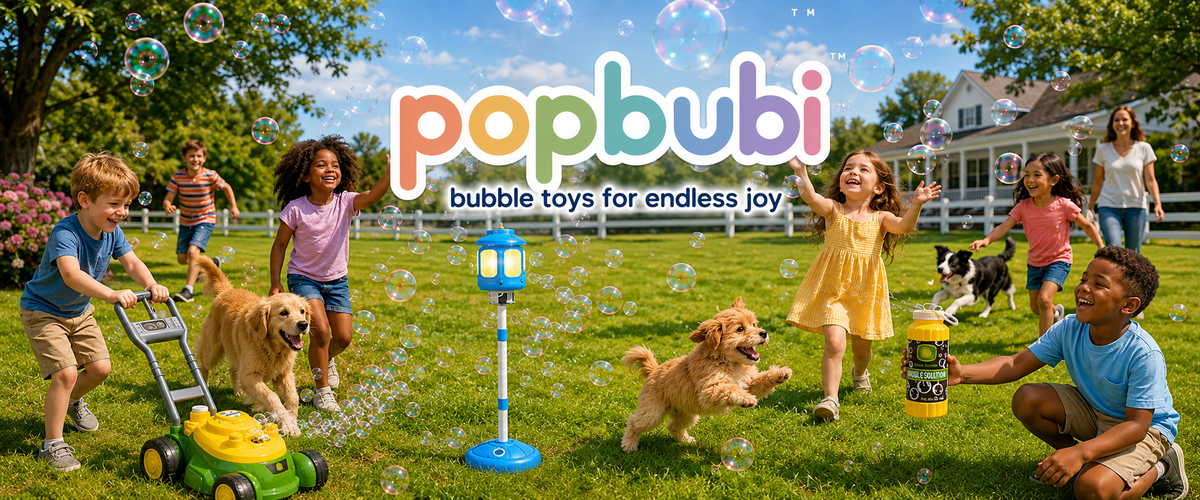 Children and pets playing outdoors with Popbubi bubble toys